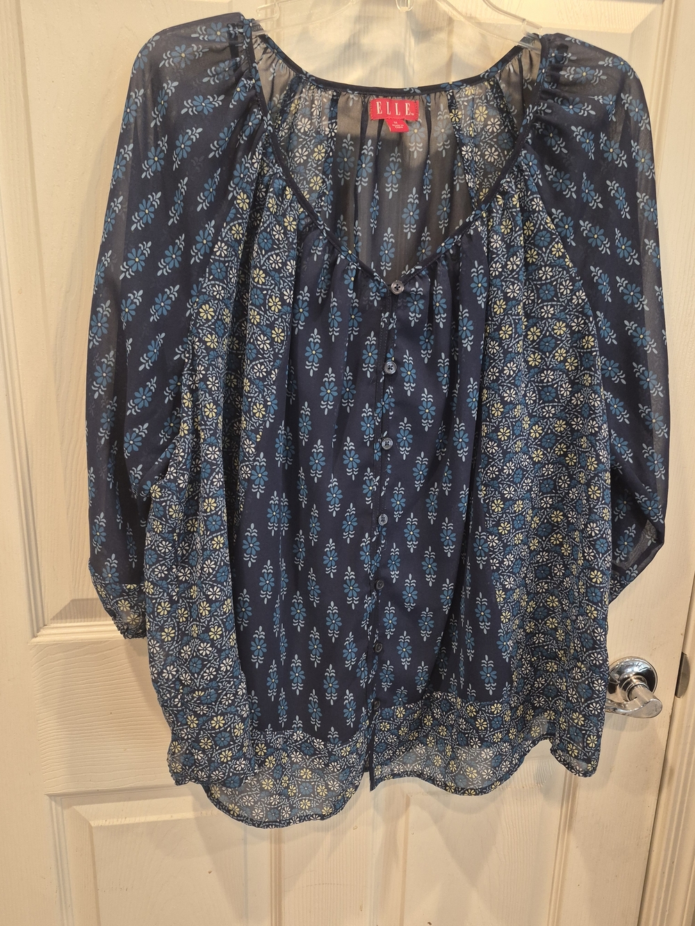 ELLE Navy Blue Floral Print Peasant Top With Navy Camisole